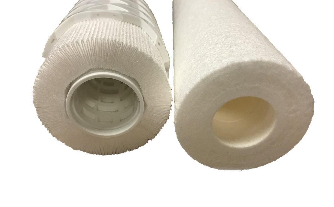Traditional melt-blown filter (right) compared with a pleated cartridge filter (left)