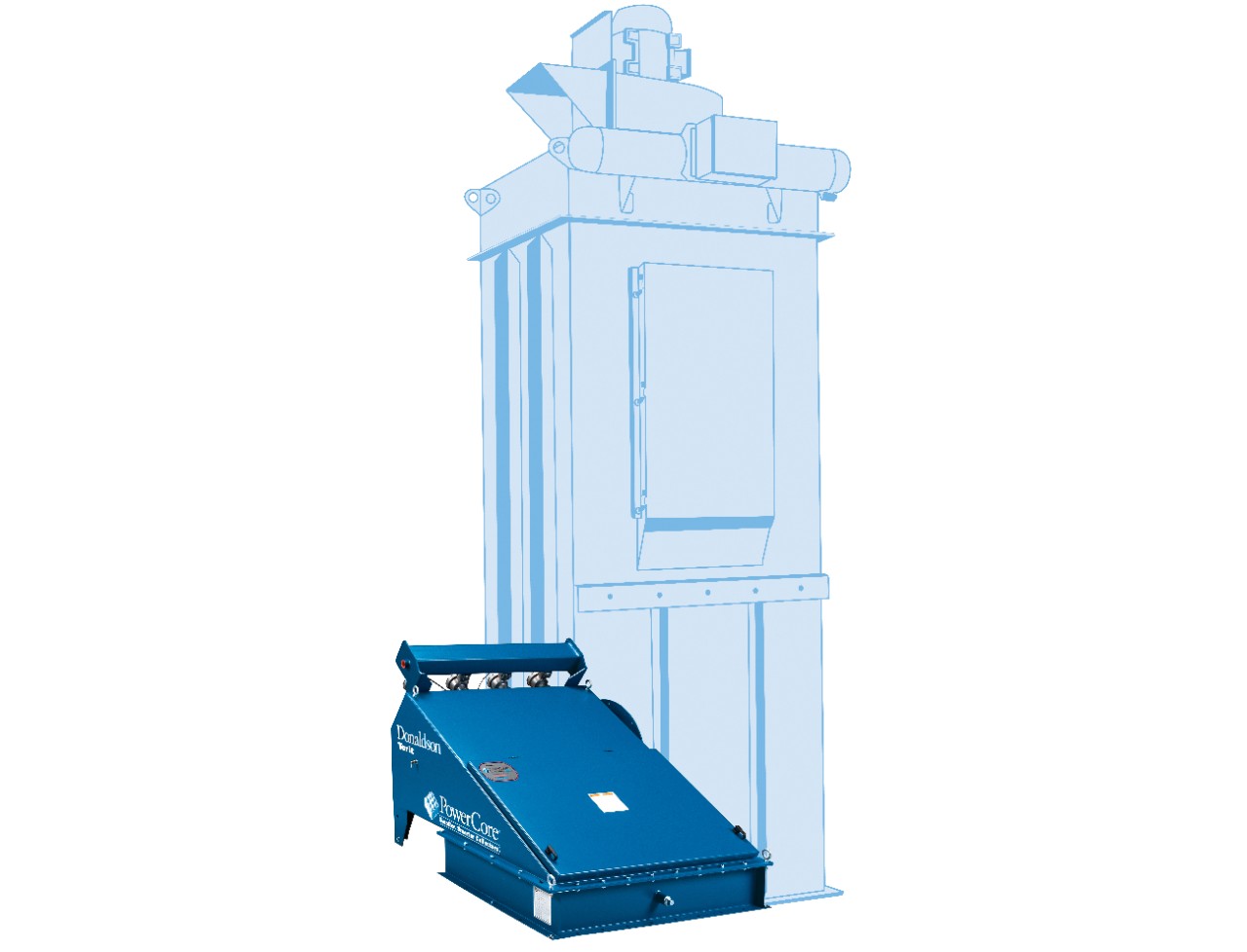 Dust collector with fluted filter packs as compared to a standard baghouse with tubular filters. The smaller collector can do the work of the larger one, but is up to 70% smaller.