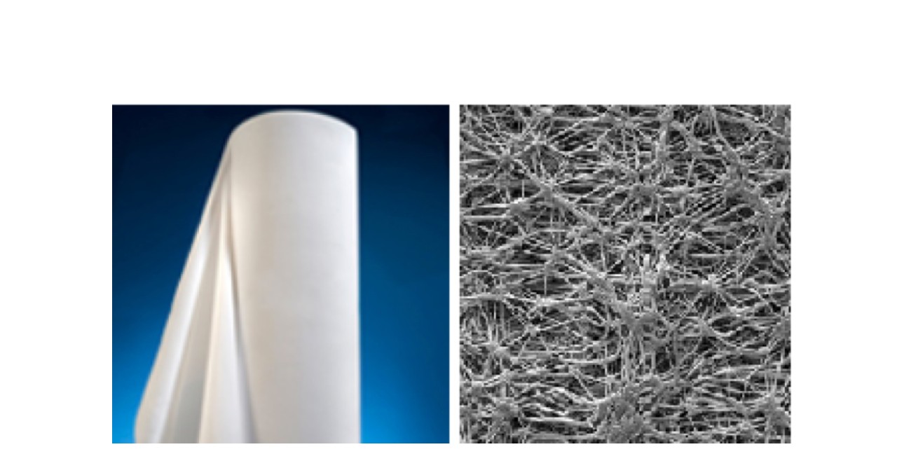 Figure 2: ePTFE membranes, shown in roll form on left and magnified with a scanning electron microscope (SEM) at 5000x on right, offer ingress protection but allow gases to pass through.