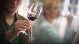 Stock Photography: Group of unrecognizable caucasian adults tasting wine in wine cellar. Comparing appearance, smell, aroma,taste,aftertaste. The man in focus is holding a glass of red wine and looking at its color.